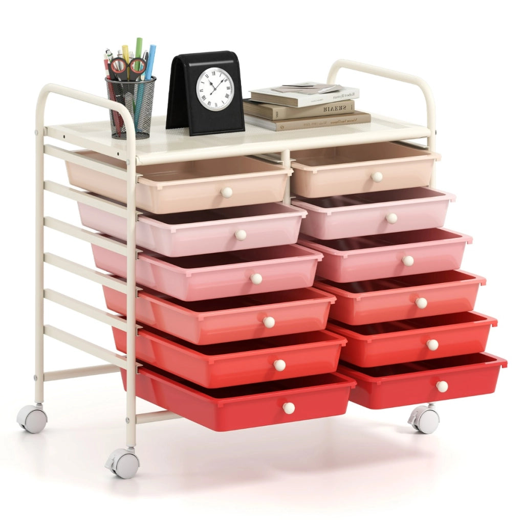 Carrello portaoggetti con 12 cassetti e ampio piano di lavoro, Cassettiera con 4 ruote per soggiorno e cucina Rosa Sfumato-Carrelli