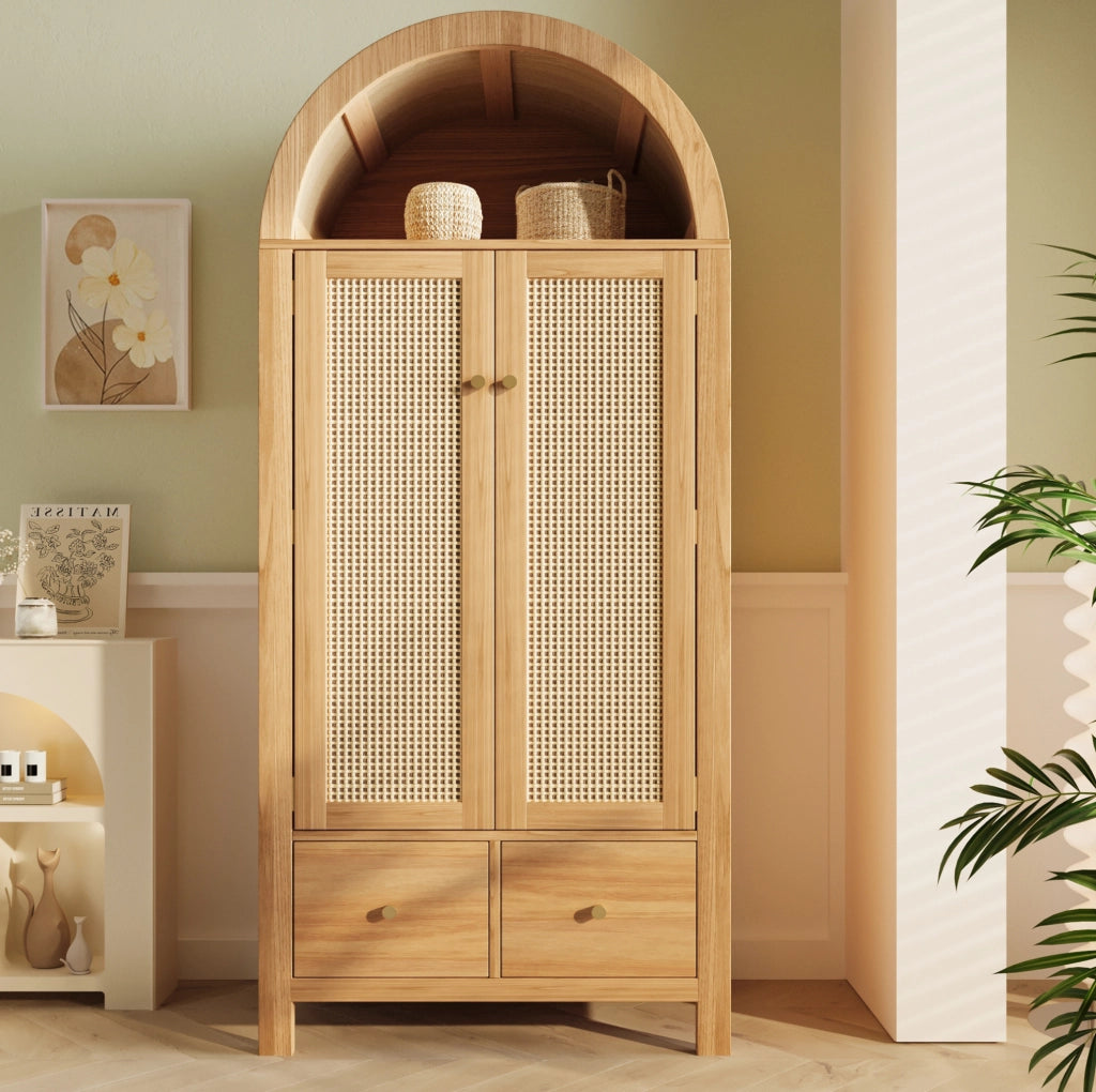 Armadio guardaroba 181x78x45 cm in MDF e metallo; colore eucalipto; con 2 cassetti e asta appendiabiti