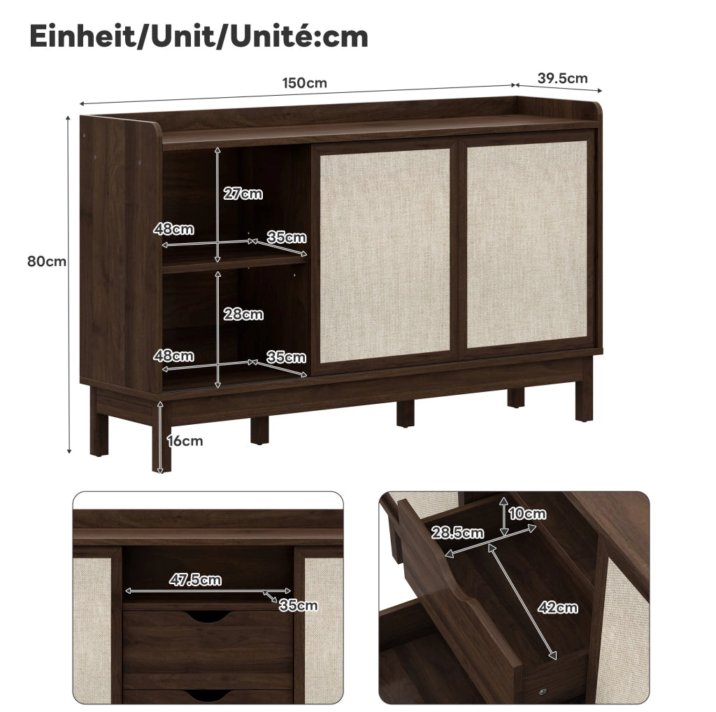 Credenza con ante scorrevoli, doppio cassetto e ripiani regolabili