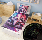 Set da letto per bambini, 135 x 200 cm, per ragazzi + 10 giochi, set da letto per bambini con illuminazione, Set da letto per bambini con auto da corsa che si illumina, 135 x 200 cm, set da coperta per auto da corsa da bambino.