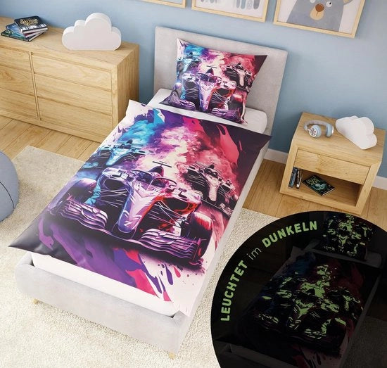 Set da letto per bambini, 135 x 200 cm, per ragazzi + 10 giochi, set da letto per bambini con illuminazione, Set da letto per bambini con auto da corsa che si illumina, 135 x 200 cm, set da coperta per auto da corsa da bambino.