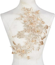 Applicazioni di fiori 2 pezzi - Lato dorato lucido - 3D ricamo - Pizzo perle - Pannelli da cucire - Per abito da sposa/abbigliamento - Pannelli da ricamo