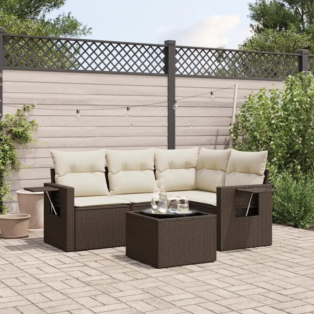 Set Divano da Giardino 5 pz | Set Salotto da Giardino con Cuscini Marrone in Polyrattan