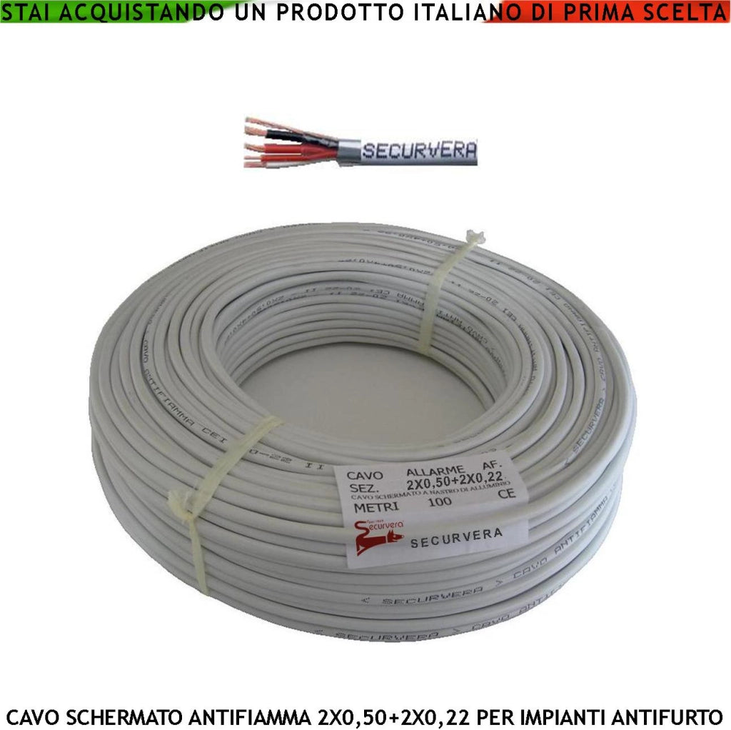 Cavo Flessibile Antifurto Schermato 2X0,50+2X0,22 mm² Guaina PVC Bianco Prot. Alluminio/Poliestere Drenaggio Conduttori a Coppie Fili 7 Ø 0,19 mm Per Impianti di Allarme Antifurto Norma CEI 20/22-III