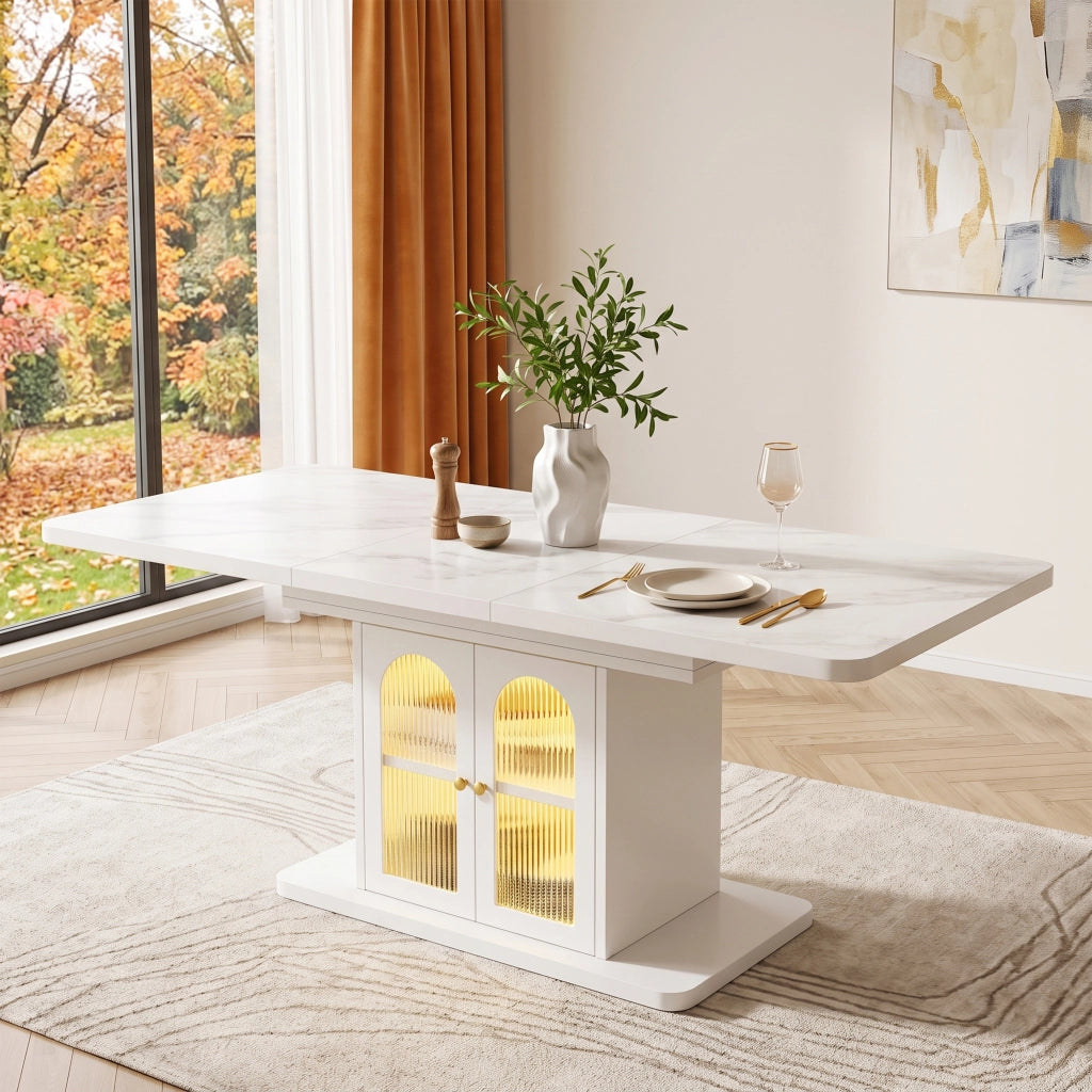 Tavolo da pranzo allungabile 150-200x80 cm con LED; per 6-8 persone; vani portaoggetti; design scandinavo; MDF bianco