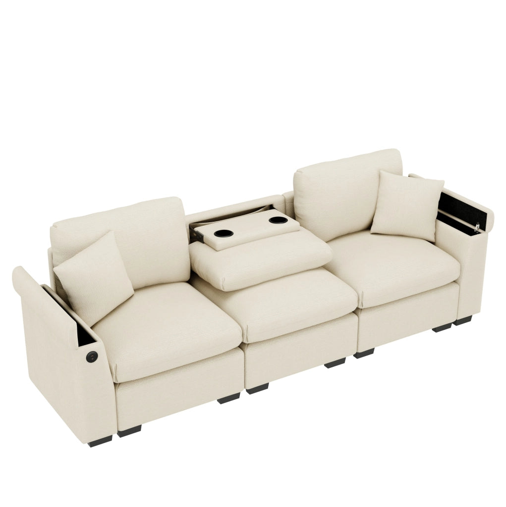 Divano 3 posti 242x80x88 cm con tavolino ribaltabile; USB; porta bicchieri e spazio contenitore in chenille beige