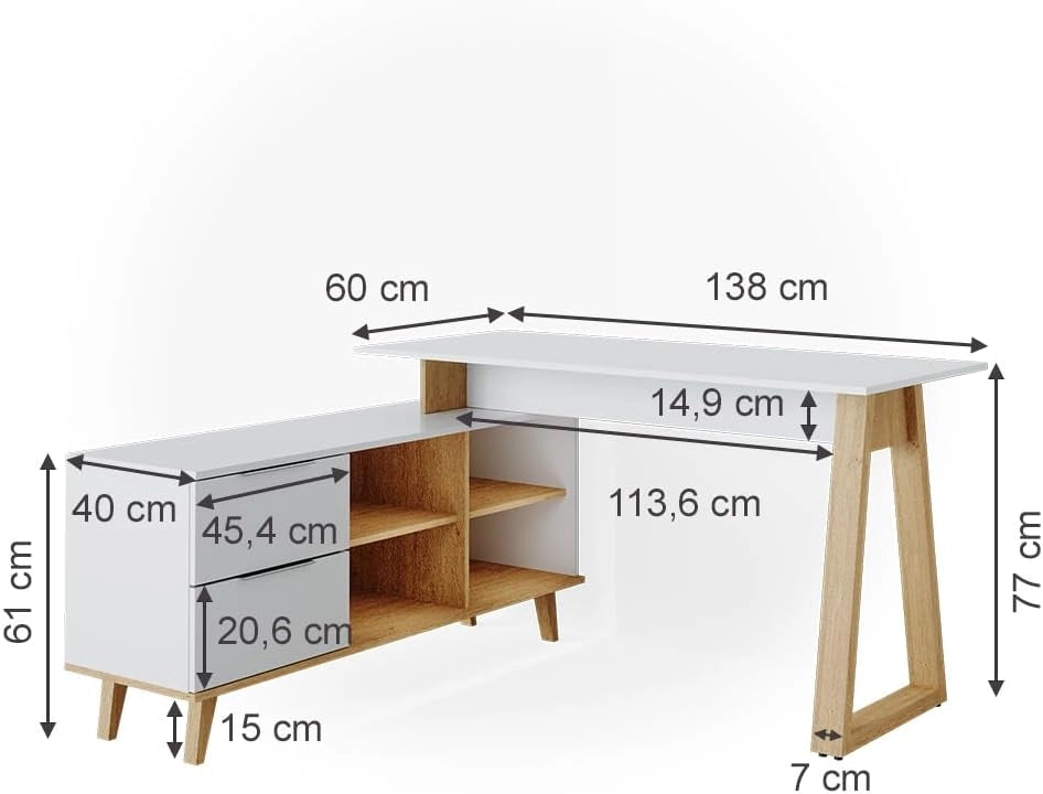 Scrivania Nautica, Bianco, 138 x 60 cm con cassetti XXL, adatto per postazioni di lavoro al computer e uso in home office