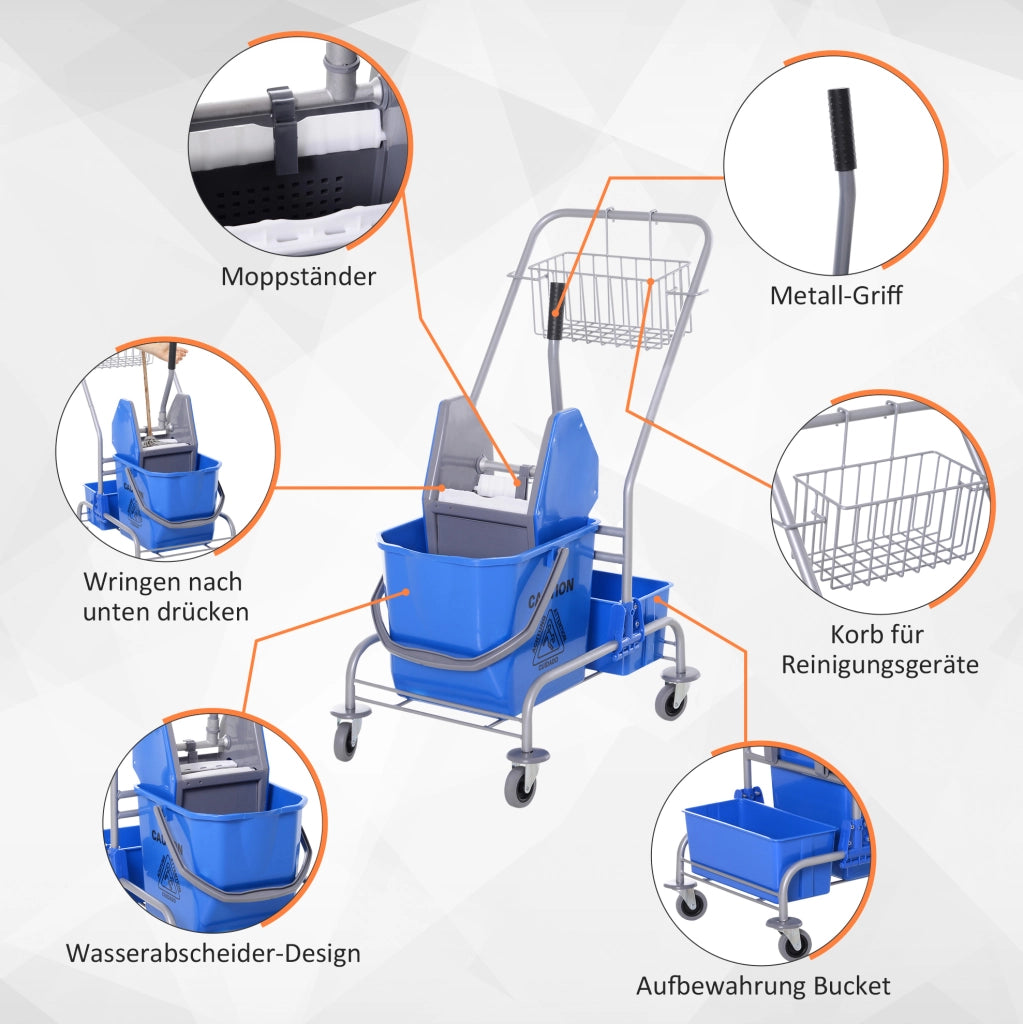 Carrello per pulizia con secchio da 25 L, strizzatore e 4 ruote blu