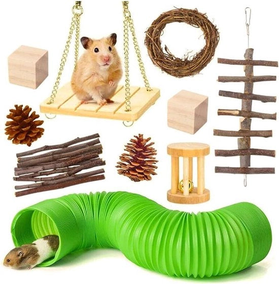 Haltere in legno naturale per hamster, gerbillo, ratto, cavia e chinčila - 10 pezzi con Roller a campana e cura dei denti