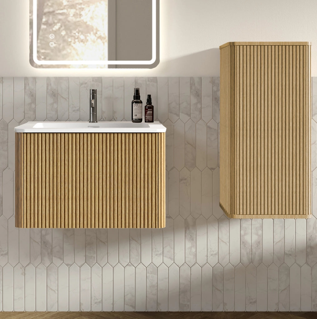 Set mobili bagno rovere con lavabo bianco in solid surface e colonna