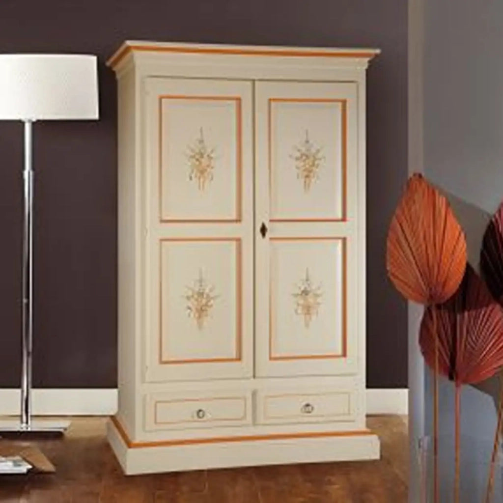 Armadio Verona in legno Shabby chic avorio decorato filo arancione