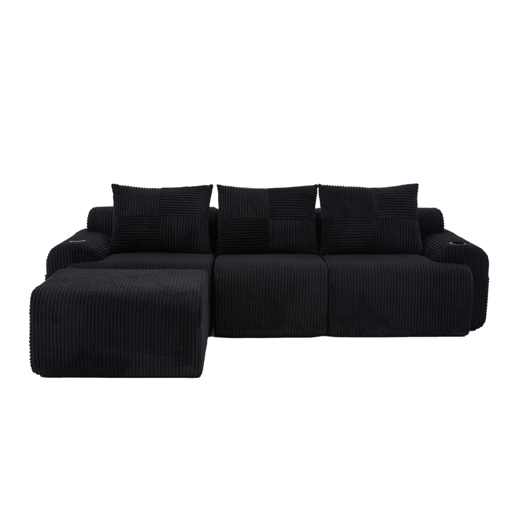 Divano modulare 3 posti in corduroy con portabicchieri e tasca laterale; nero 268x174x80 cm
