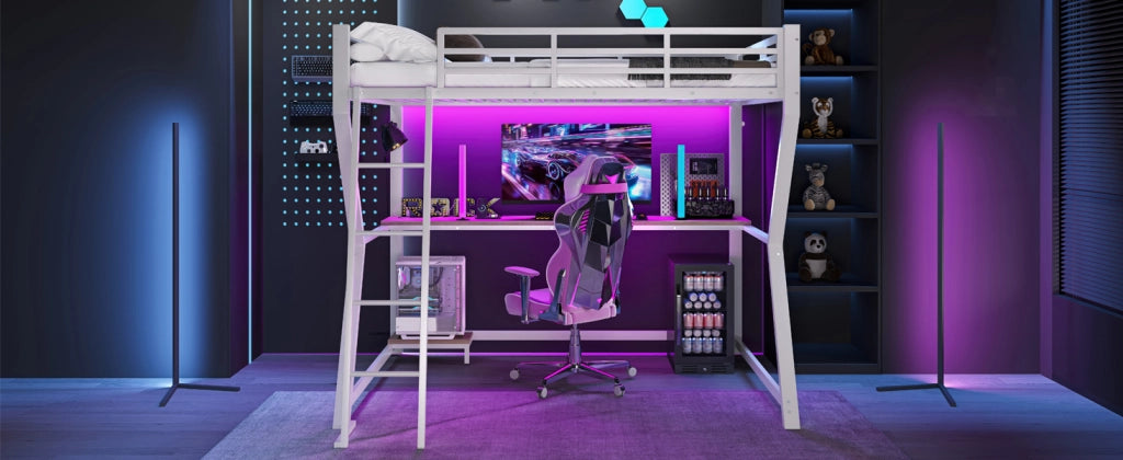 DESMIU Letto a soppalco 1 posto con scrivania, ripiano PC, presa, USB e luce LED 90 × 200 cm senza materasso