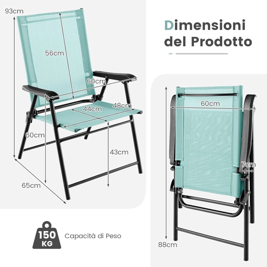 Set di 2 Sedie Pieghevoli da Giardino, Sedie Portatili con Braccioli e Struttura in Metallo, Sedie da Esterno Giardino Campeggio Terrazza Balcone Piscina, 65x60x93cm (Verde menta)