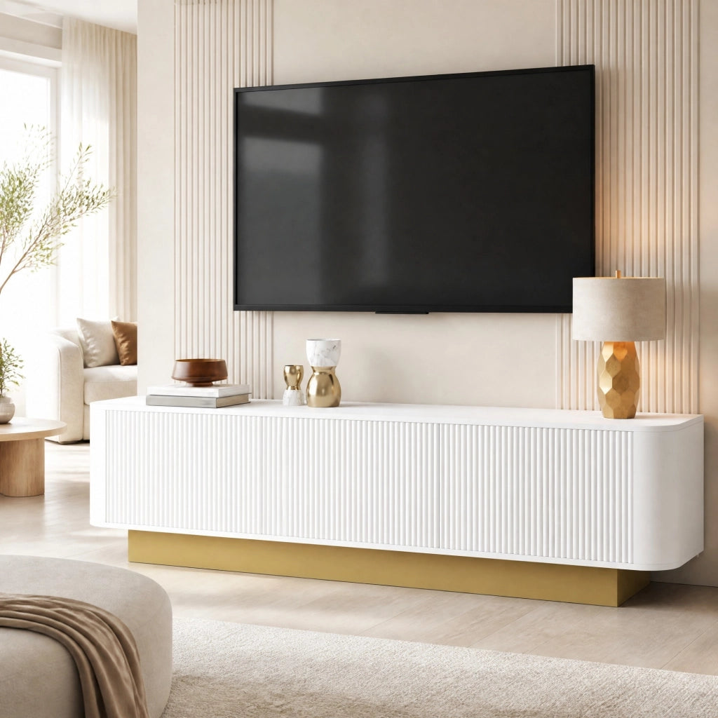 Mobile TV moderno 170 cm con 3 ante, gestione cavi e ripiani regolabili, bianco