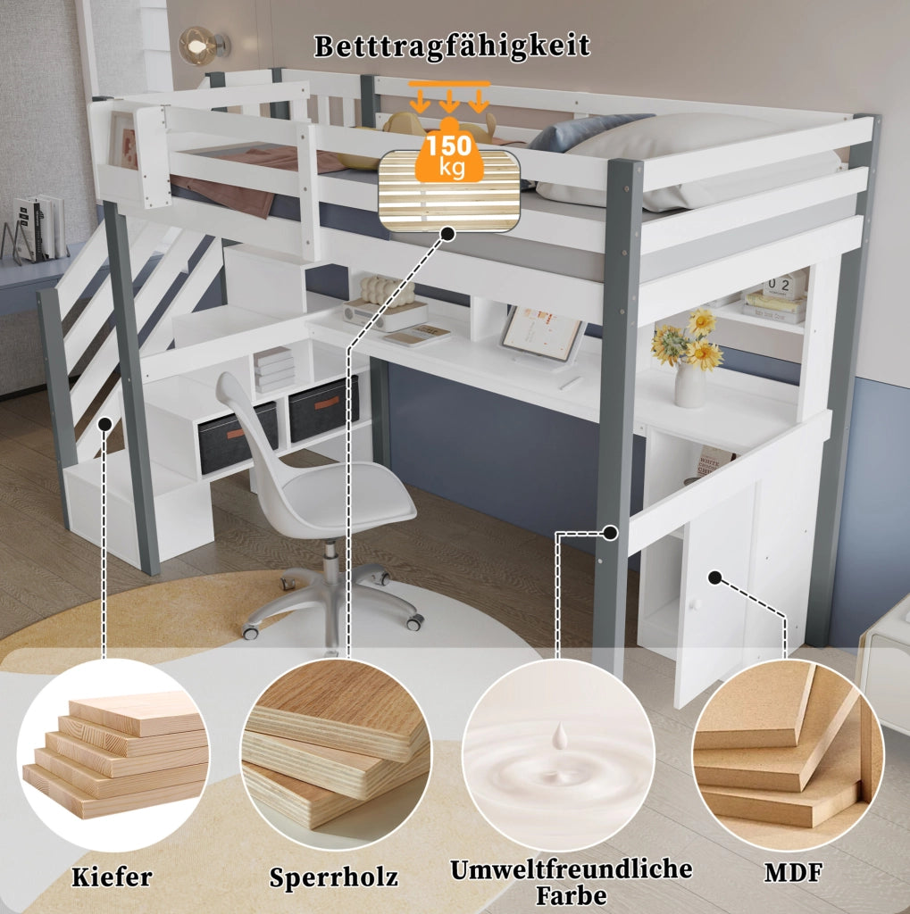 Letto semialto 90x200 cm con scrivania; libreria e scala laterale con contenitore; legno e MDF bianco e grigio