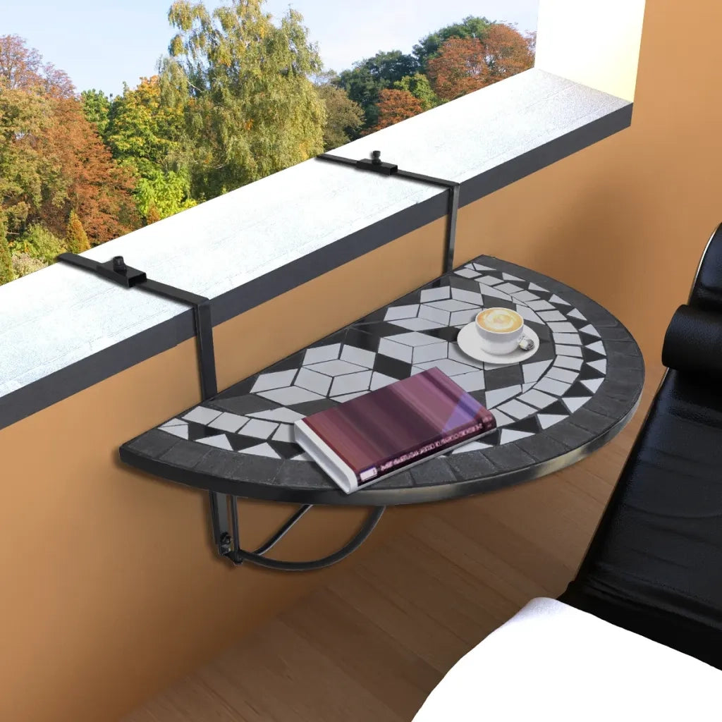 Tavolino da Giardino | Tavolo Sospeso da Balcone Nero e Bianco con Mosaico