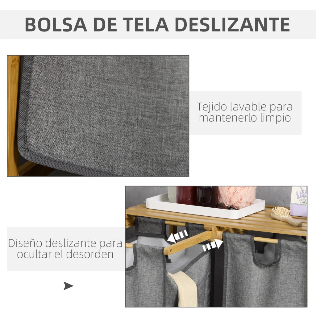 Cesto per Biancheria in Bamb¨´ con 2 Sacchetti e Ripiano ¨C Zephmum ¨C 63.5x33x73 cm Naturale Grigio