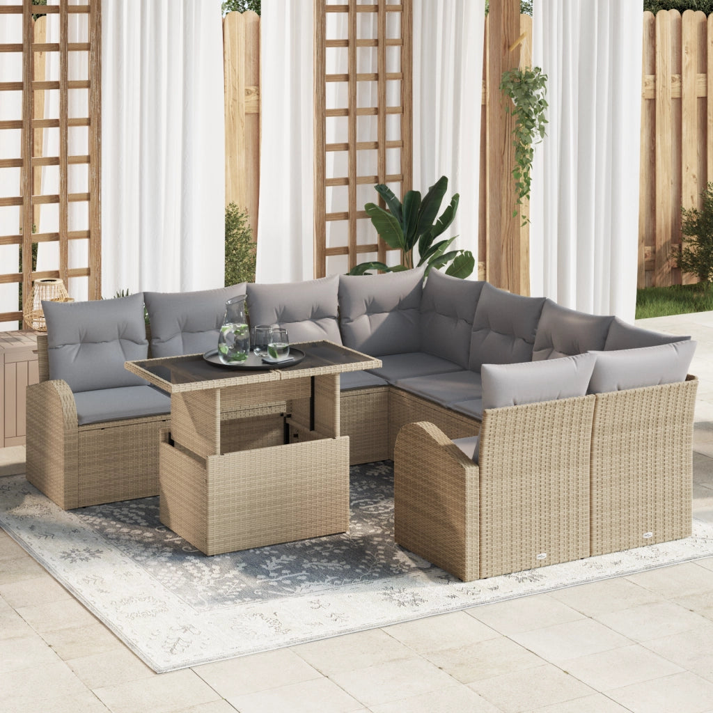 Set Divani Giardino 9 Pezzi con Cuscini Beige Rattan Poliolefinico