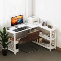 Scrivania ad angolo modulabile reversibile, scrivania con ripiani, ripiano di ripiani, telaio in metallo, 135x110x75cm, bianco