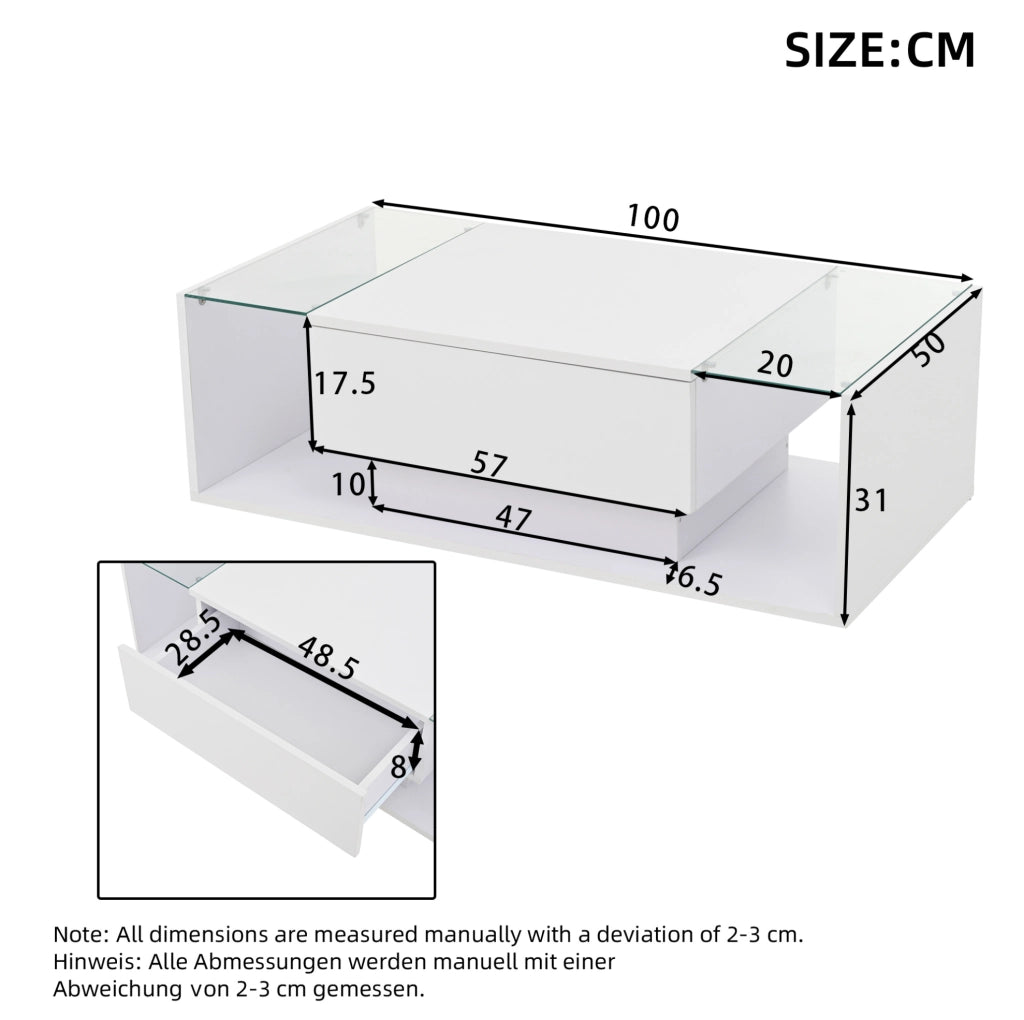 Tavolino da salotto quadrato 100 x 50 x 31 cm con 1 cassetto; LED e vetro temperato bianco lucido