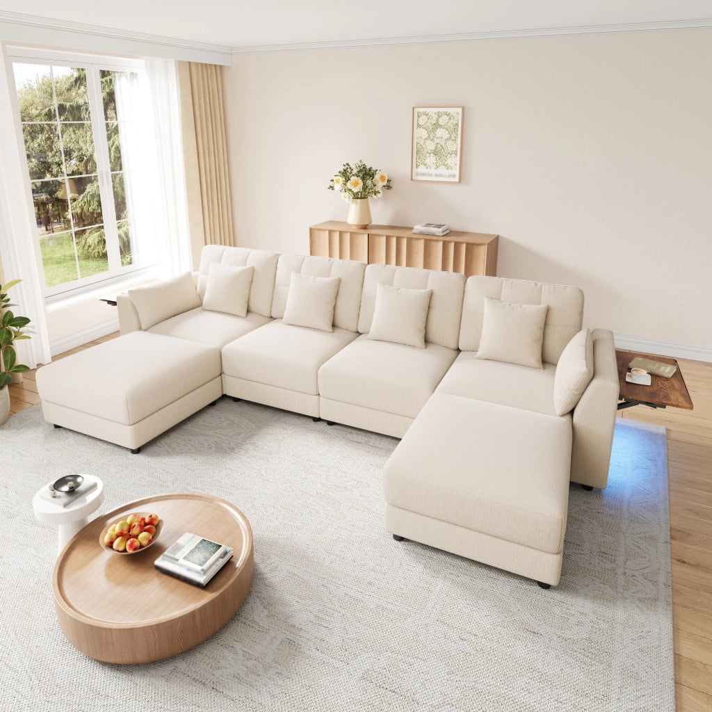 DIVANO Modulare U/L 292x135x82 cm Chenille Beige con 2 Hocker