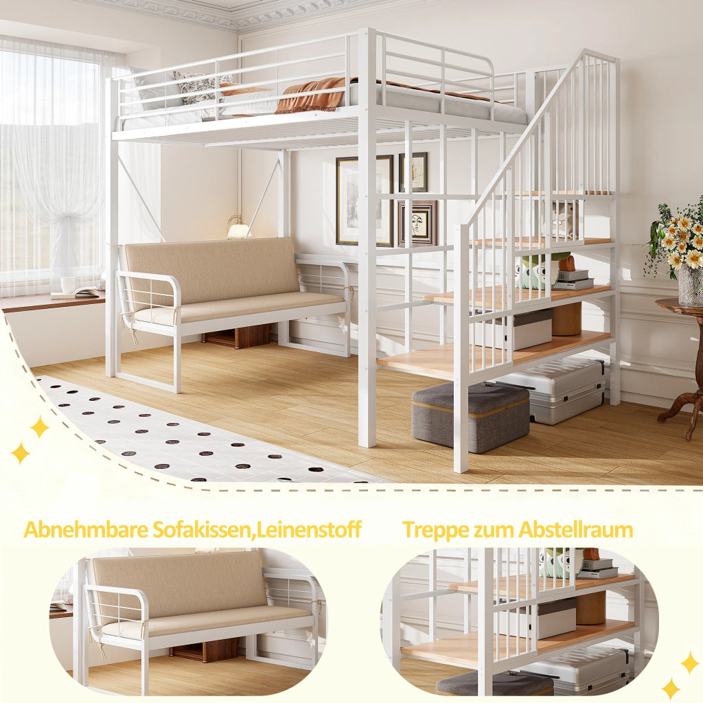 Letto a castello in metallo bianco 140 x 200 cm; letto a soppalco; divano imbottito; deposito e scale di sicurezza