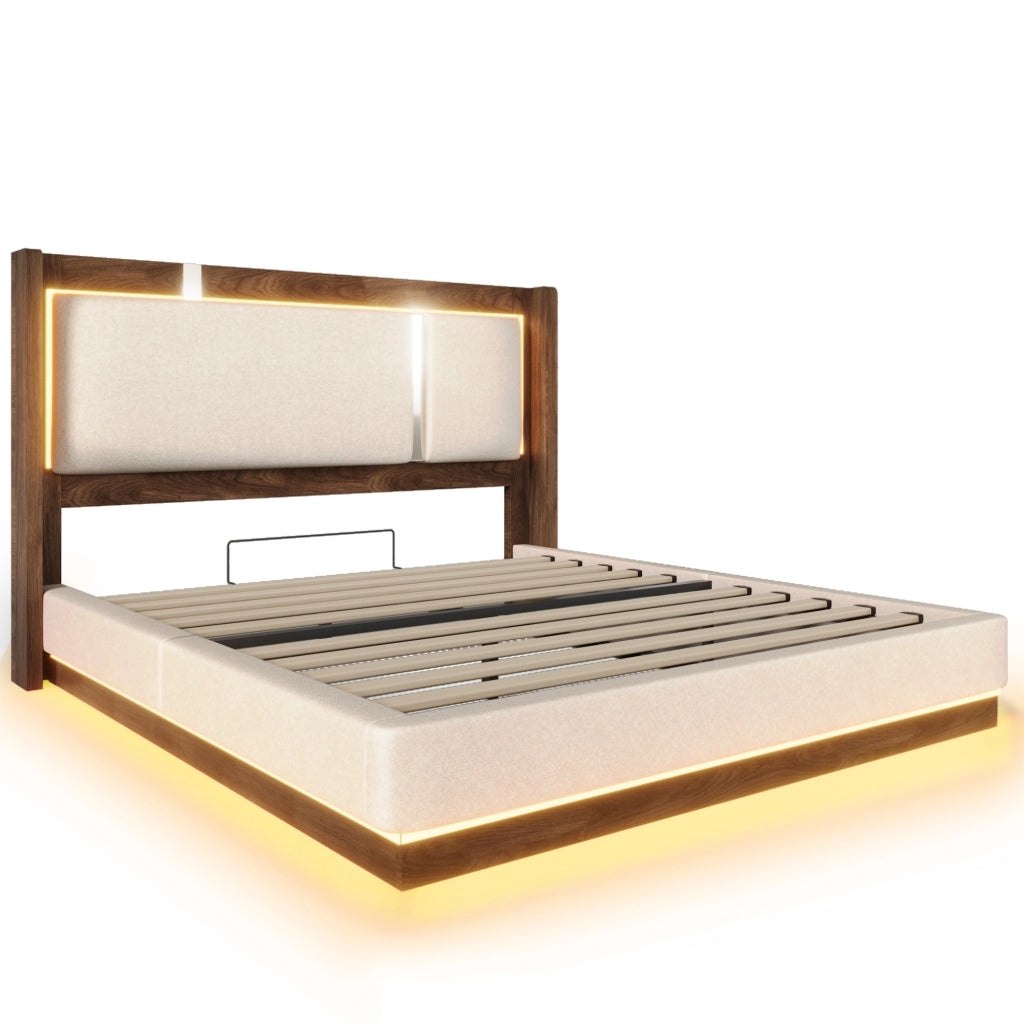 Letto imbottito 140x200 cm con LED e contenitore idraulico in lino, beige e noce
