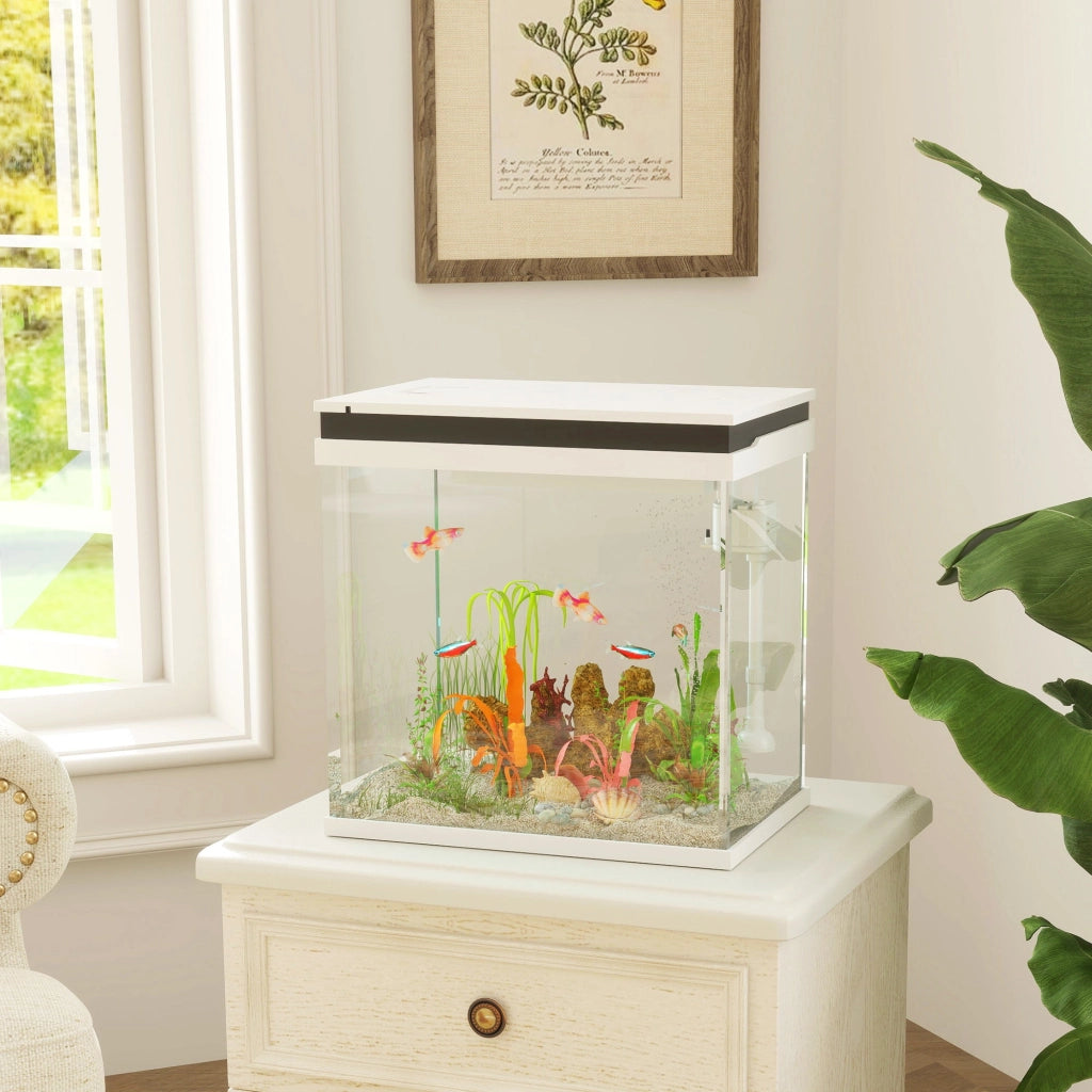 Acquario per Pesci Rossi 26L con Luci LED 38x26x38 cm Sistema di Filtraggio e Pompa d'Acqua Bianco