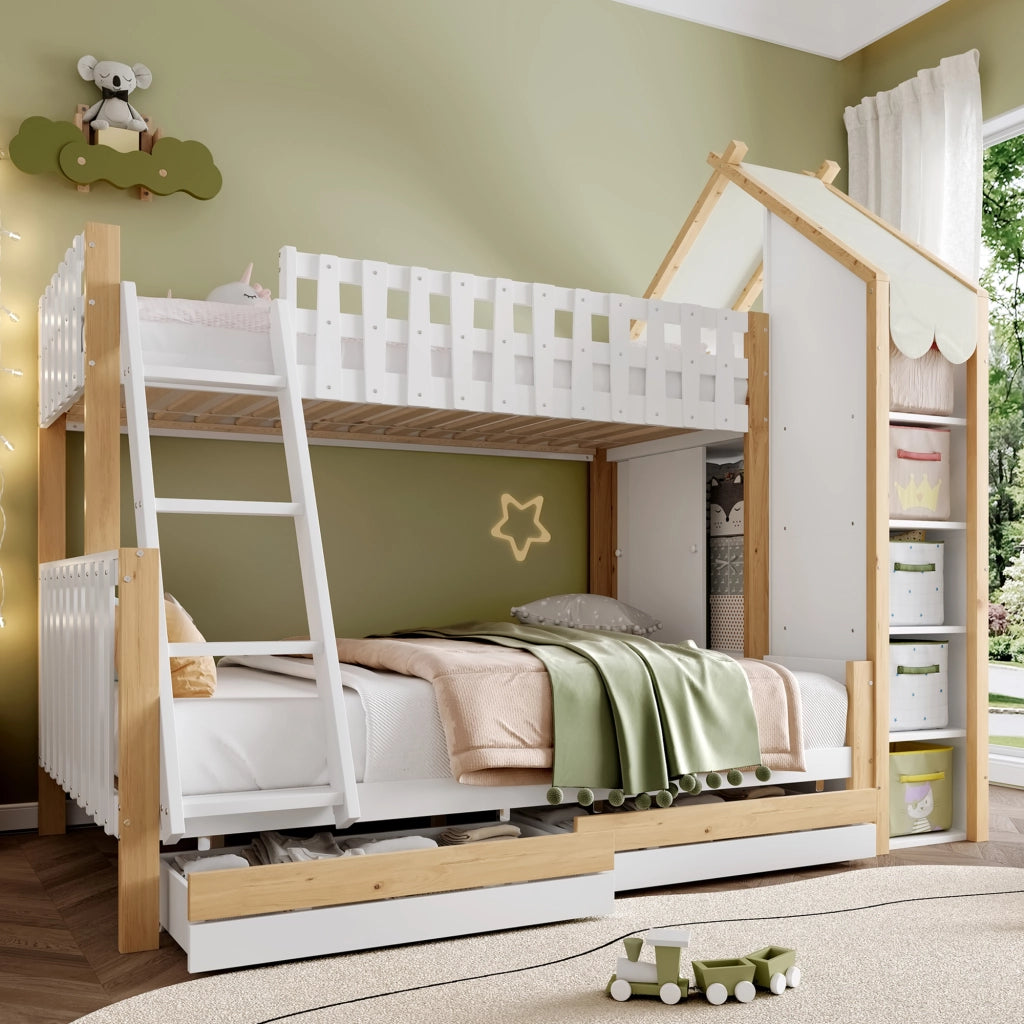 Letto a Castello 140x200 cm e 90x200 cm; 2 Schubladen; Mensole; in Legno; Bianco Naturale