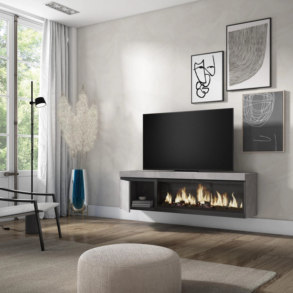 Mobile TV Soggiorno, 158x35x45cm, Per TV fino a 65", Camino elettrico XXL, da appendere, grigio cemento RF3242