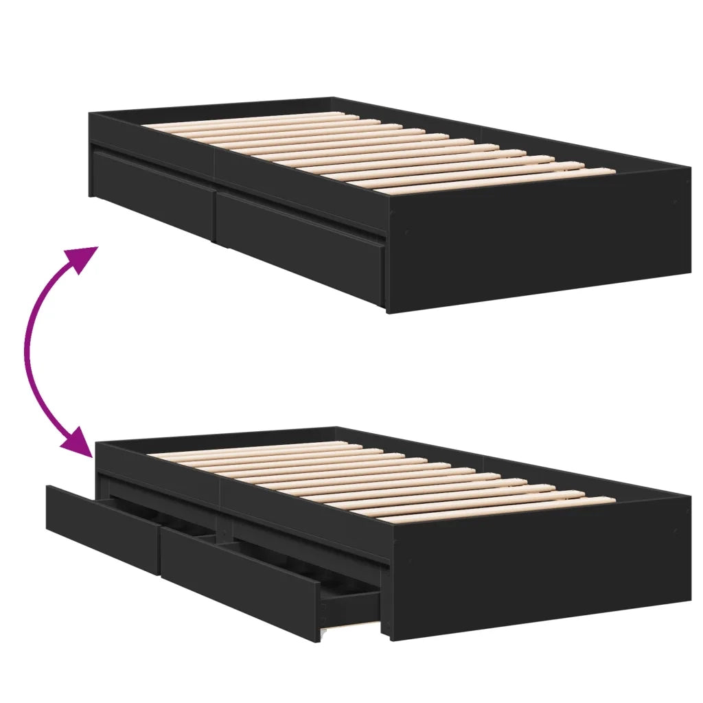 Letto singolo | Letto per adulti | Giroletto con Cassetti Nero 90x190 cm in Legno Multistrato