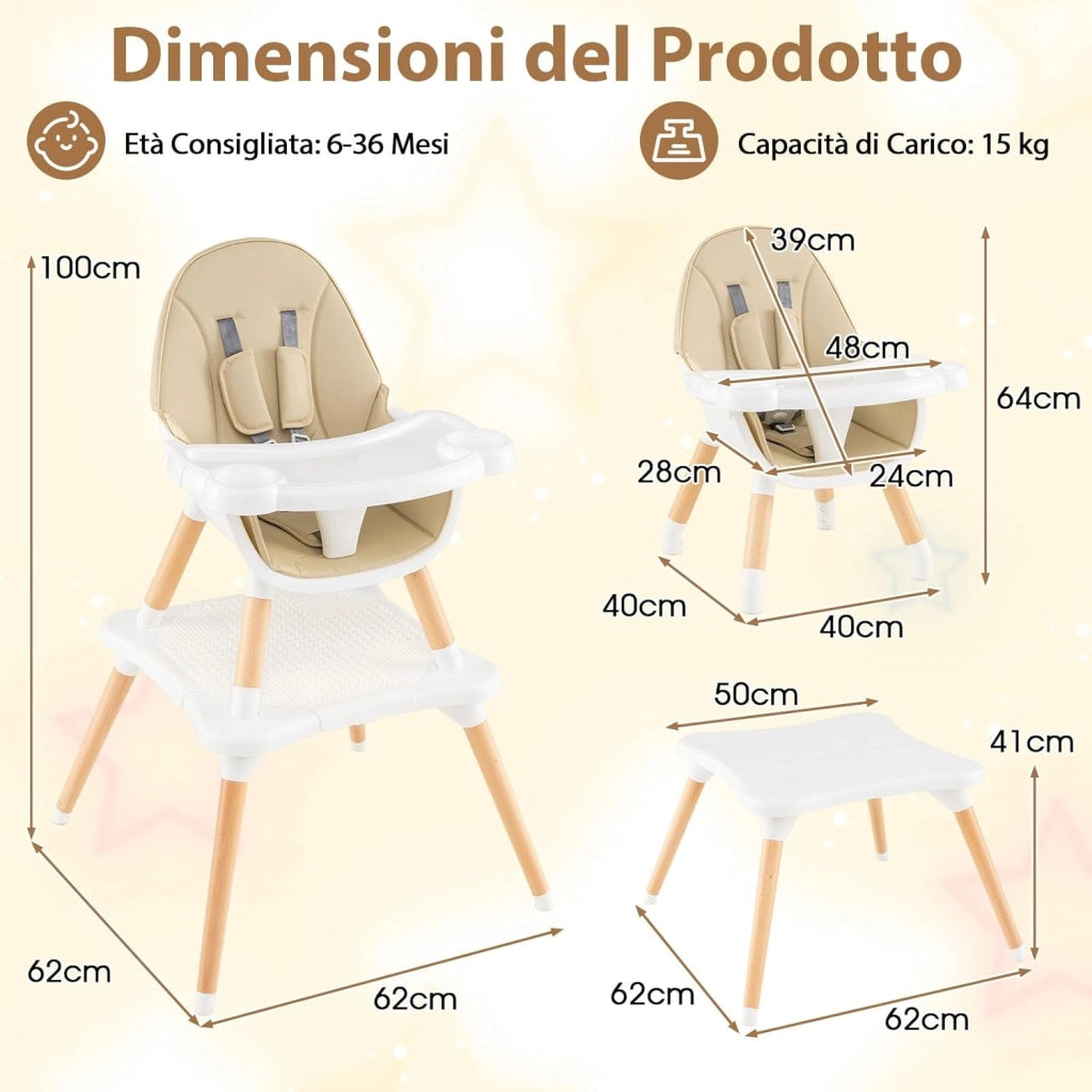 6-in-1 Seggiolone per Neonati, Seggiolone Prima Pappa, Tavolo e Sedia Convertibile per Bambini, Imbracatura di Sicurezza, Vassoio Rimovibile, per Bambini 6-36 Mesi (Beige+Bianco)