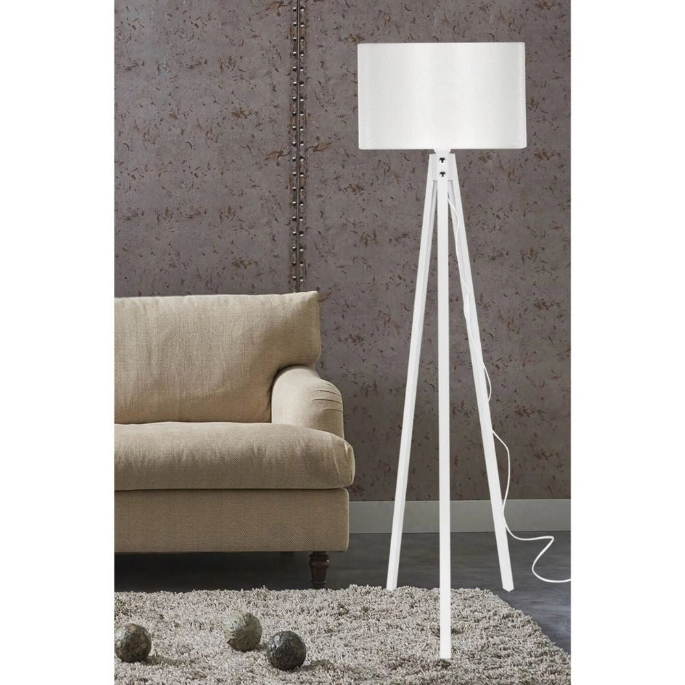Lampada da terra Rodi  treppiede legno e paralume tessuto bianco