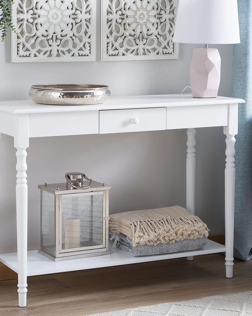 Consolle Piano in MDF bianco con gambe in legno di pino con toeletta a un cassetto