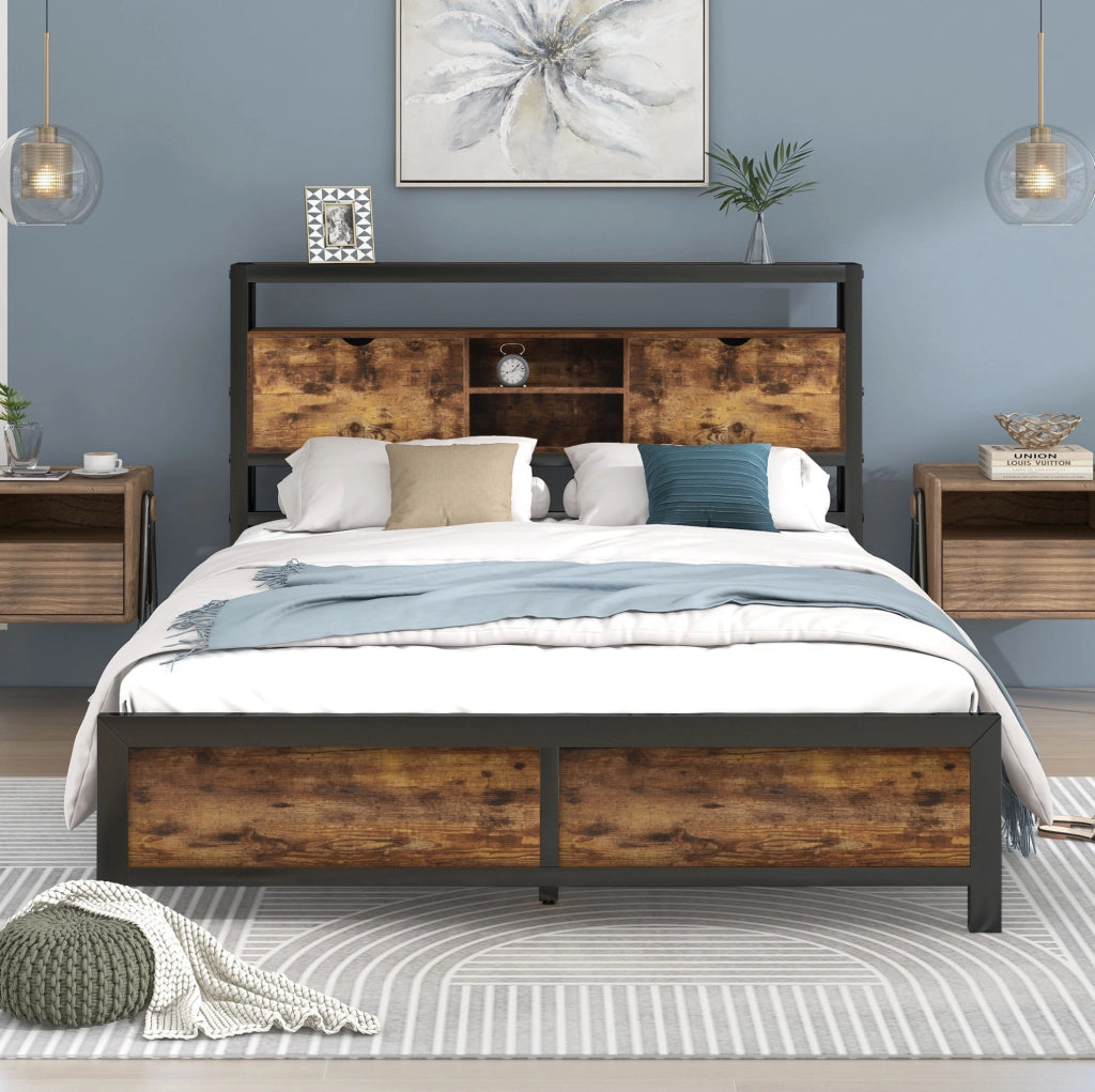 Letto matrimoniale 140x200 cm; testiera contenitore; metallo e MDF; colore naturale (Senza materasso)