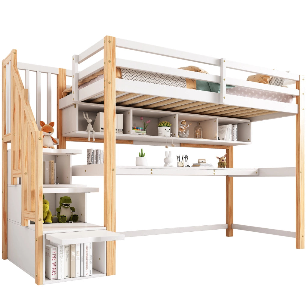 Letto a soppalco per bambini con scrivania, scaffali e scala contenitore 90x200 cm