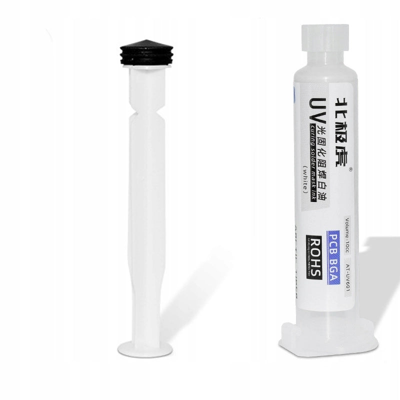Set Soldermaska Bianca 10ml con Pistone e Lampada UV – Protezione PCB, Isolamento, Rapido Indurimento
