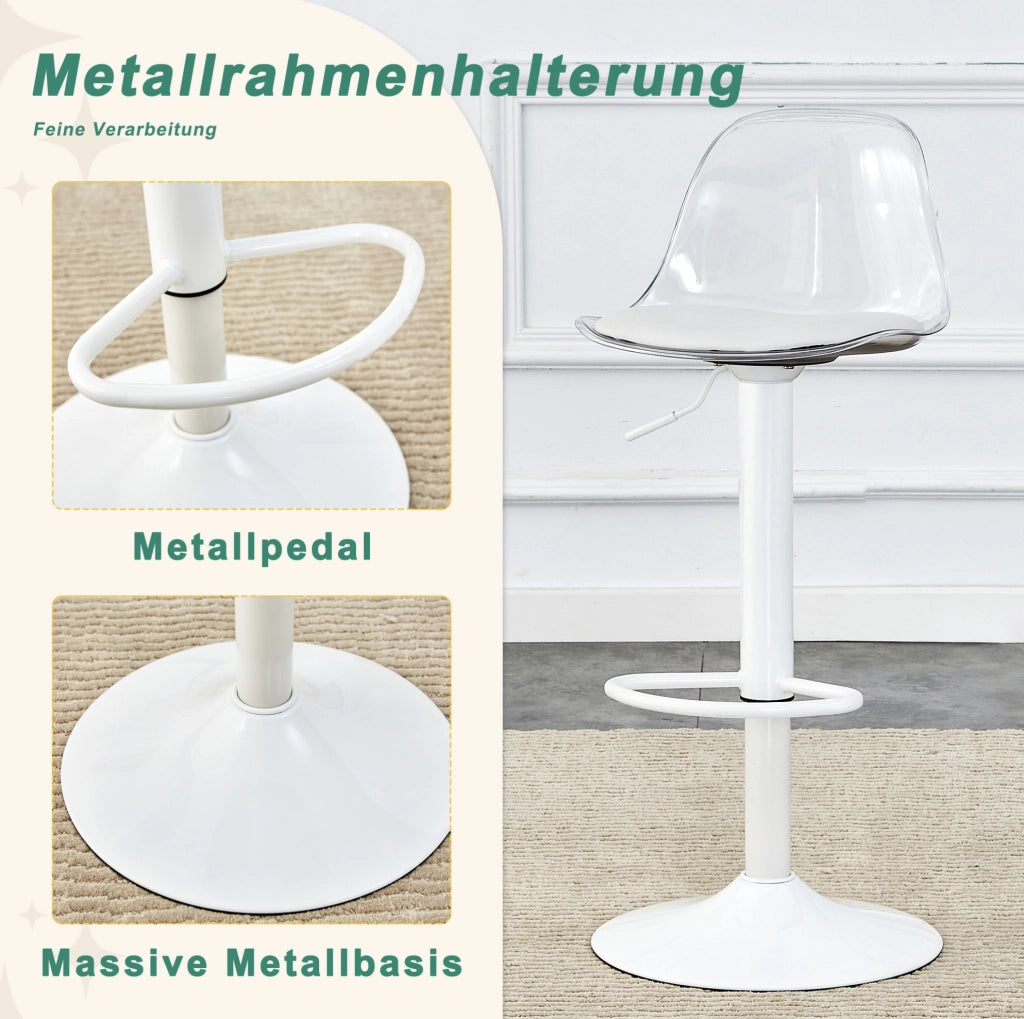 Set 2 sgabelli da bar ULEVR girevoli 360¡ã, altezza regolabile 82-104 cm, schienale trasparente e base bianca