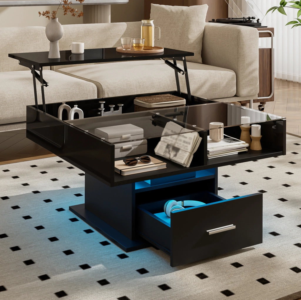 Tavolino da caffè elevabile LED nero 78x78 cm con vano