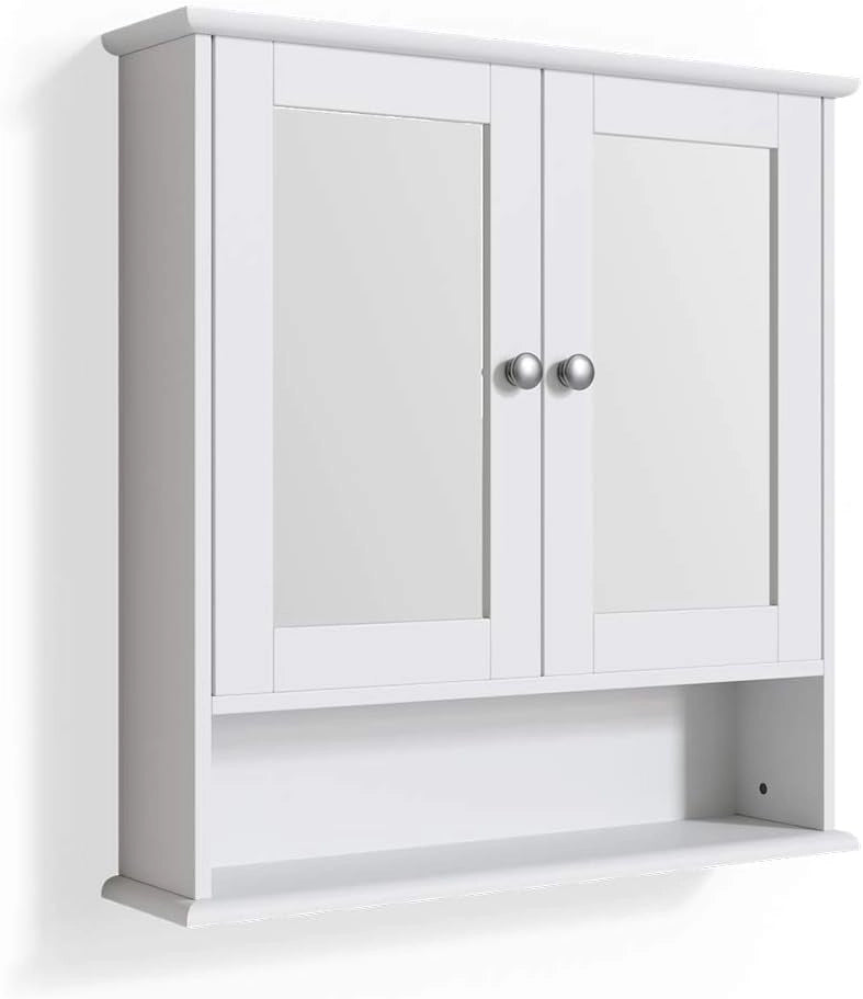 Specchio contenitore bagno Bianco, Bianco, 56 x 58 cm, per montaggio a parete con specchio integrato e ripiani