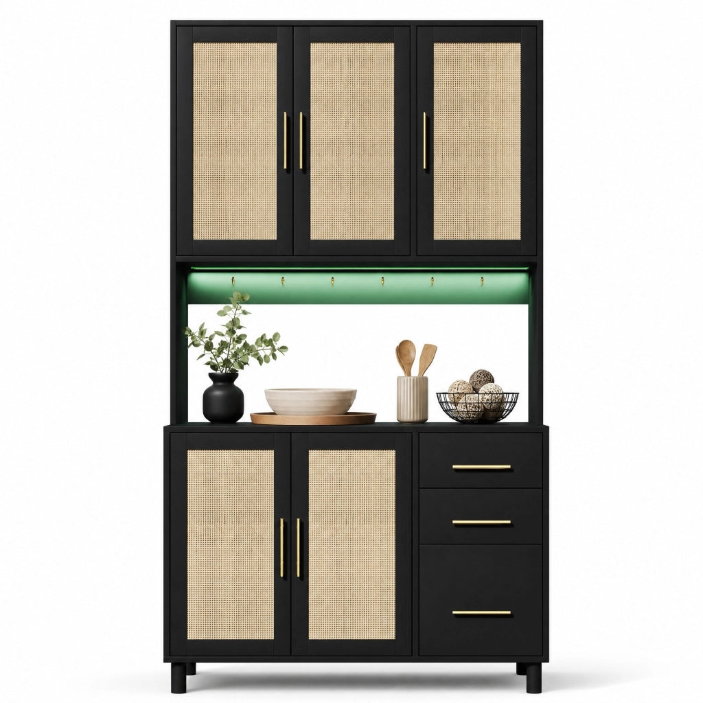 Credenza da cucina in MDF con illuminazione LED, 3 cassetti, prese USB e ripiani regolabili