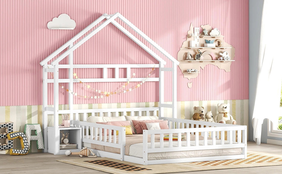 DESMIU Letto a Casetta per Bambini 140 × 200 cm 2 Posti con Sponda e Comodino, Senza Materasso, Bianco