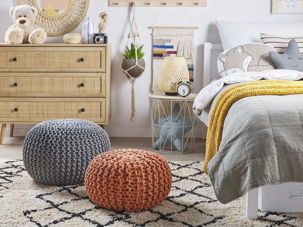 Pouf ottomana in cotone lavorato a maglia in rame con perline EPS riempimento rotondo piccolo poggiapiedi 40 x 25 cm