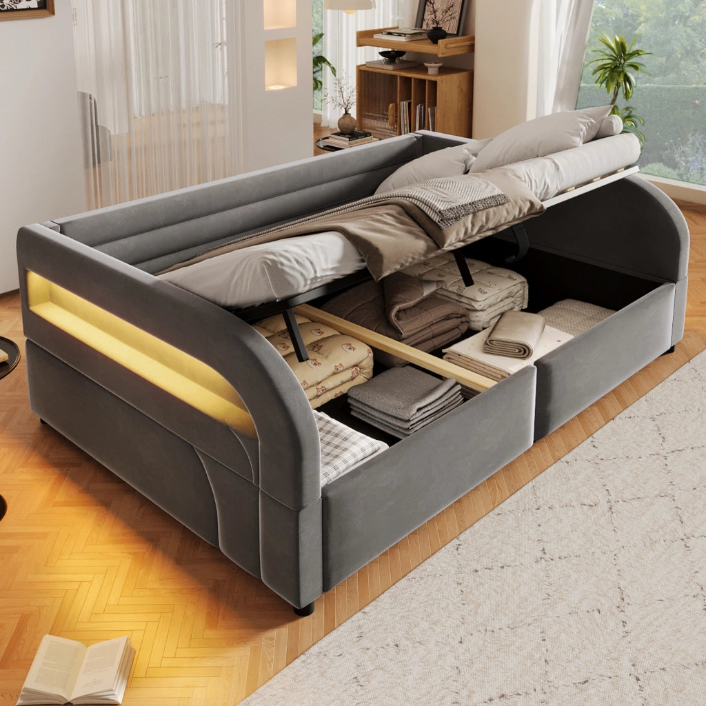 Letto Contenitore 140x200 cm con Sollevamento Idraulico; LED e Rivestimento in Flanella Grigia