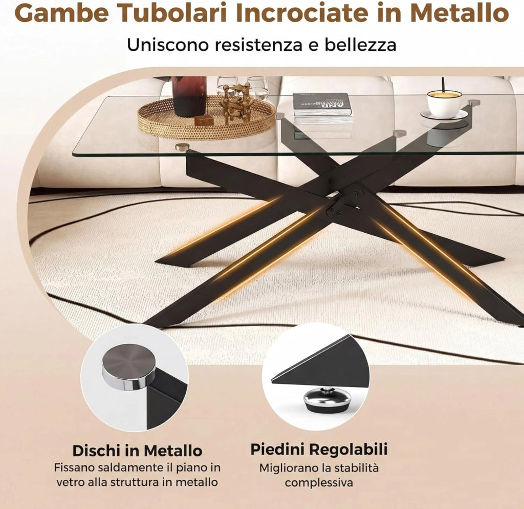 Tavolo da Caffè, Tavolino Salotto in Vetro Temperato con Gambe Incrociate in Metallo Placcato e Piedini Regolabili Antiscivolo, per Soggiorno e Ingresso, 120 x 60 x 45,5 cm (Nero)