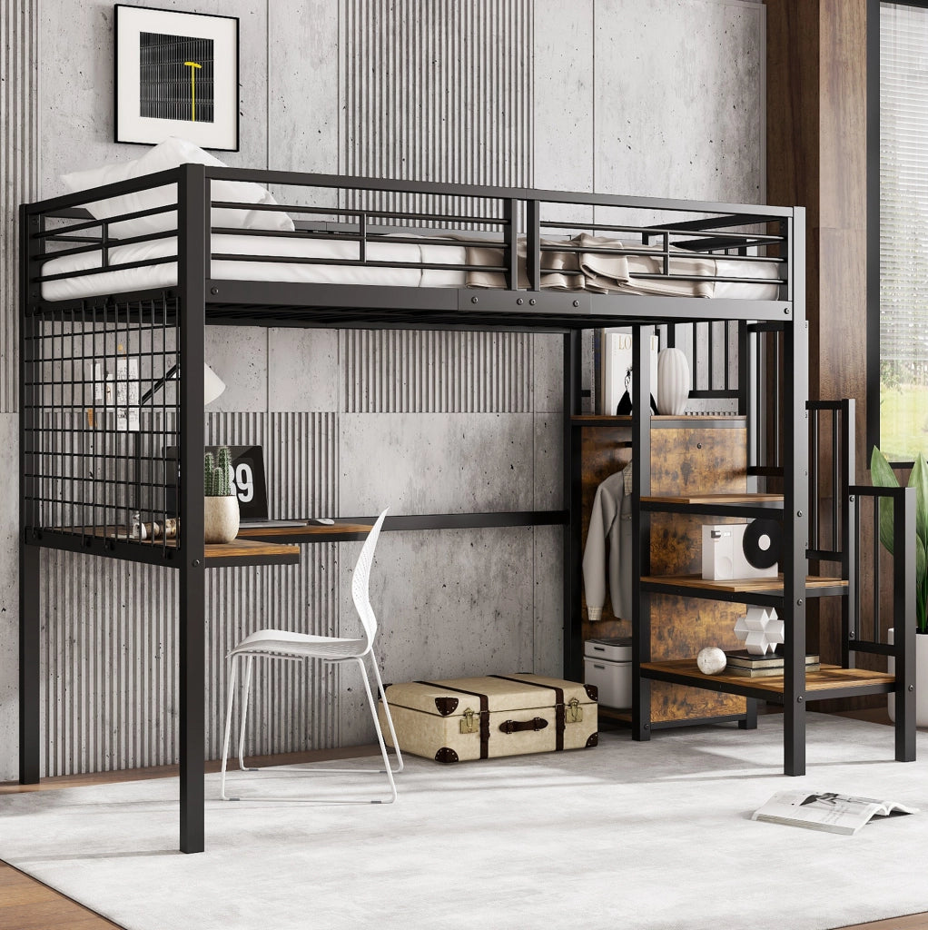 Letto a soppalco 90x200 cm con armadio e tavolo