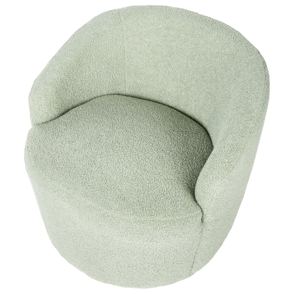 Poltrona con schienale curvo in tessuto bouclé verde chiaro base girevole 360° Art Deco dorato