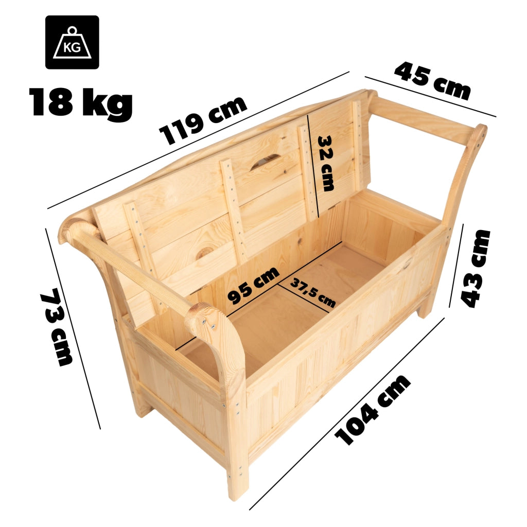 Panchina da giardino in legno KADAX con contenitore e schienale per terrazzo, 119 cm