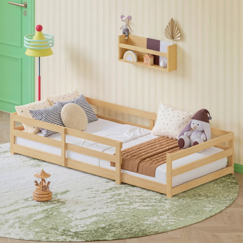 Letto per bambini 90 × 200 cm con barriera di sicurezza a 4 lati, senza materasso, in legno di pino, naturale